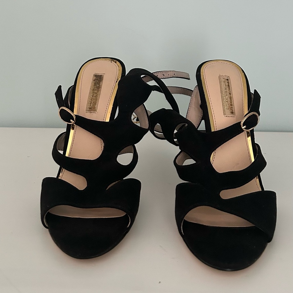 New Women's Black Suede Cutout Ankle-Strap Heels